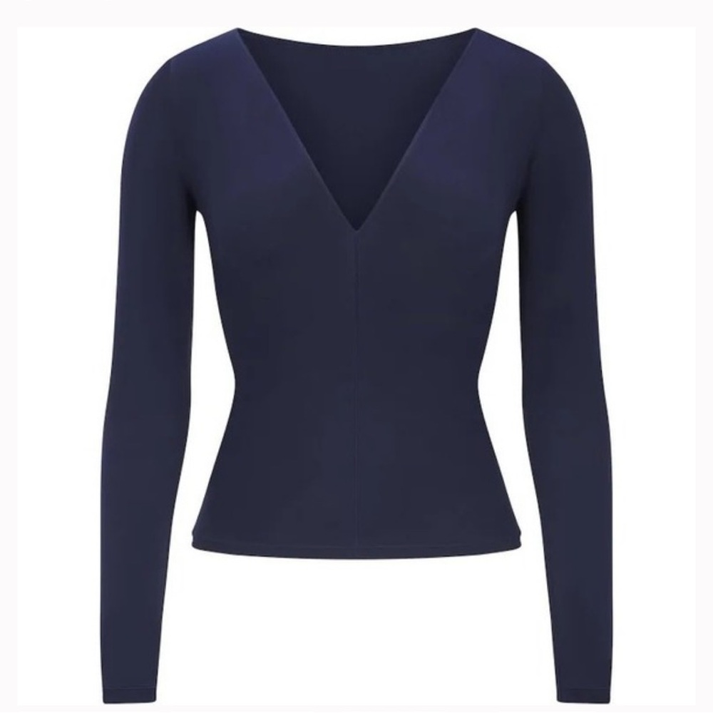SKIMS Fits Everybody Plunge Long Sleeve Top, Navy - Picture 2 of 3